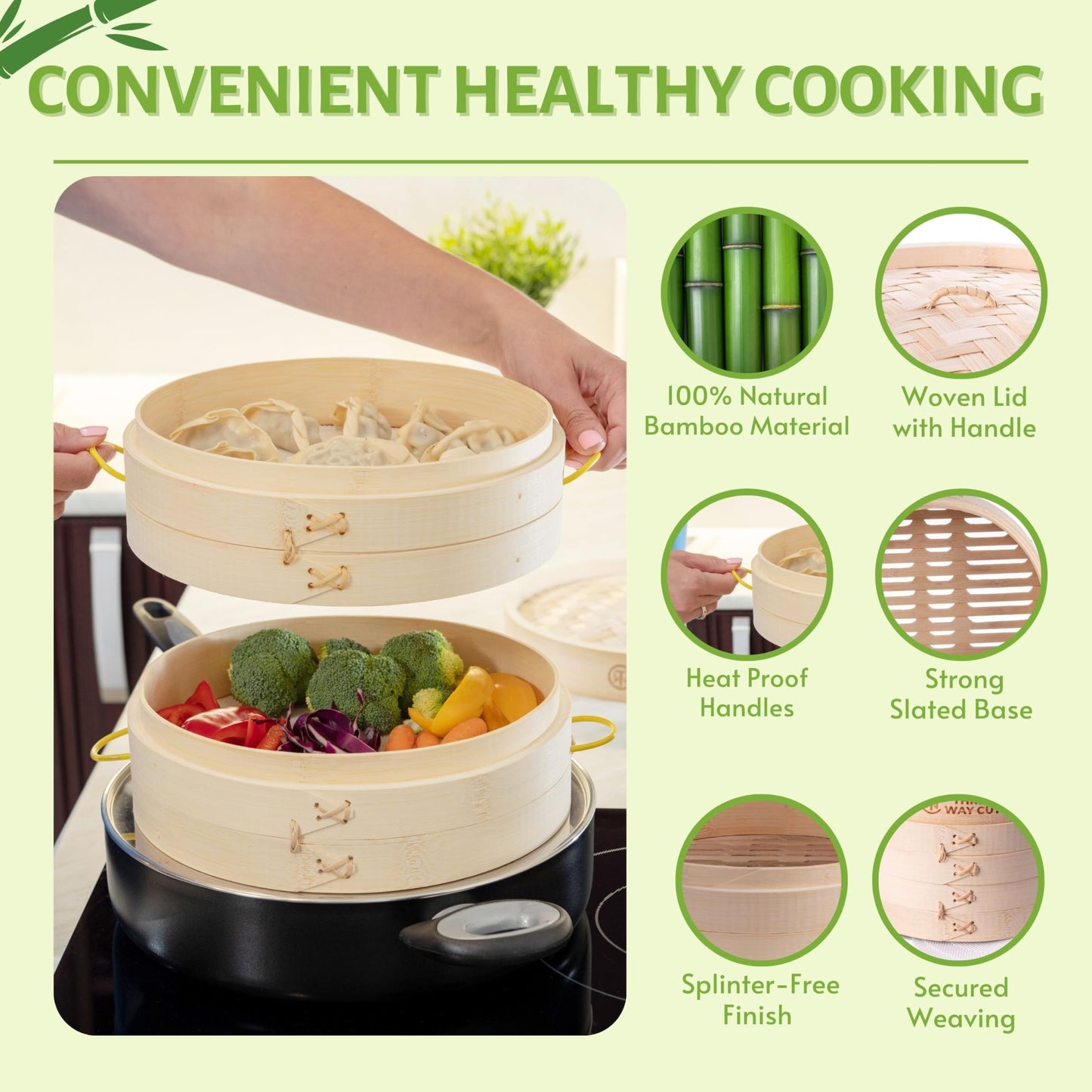 Bamboo Steamer 10 Inch 2 Tier Wooden Basket With Handle, Ring Adapter, Reusable Silicone Liner, Adapter, Molder Press For Cooking Vegetables Dumpling Press & Dough Cutter for Steaming Chinese Asian Food & Bao Bun, Dim Sum Potsticker