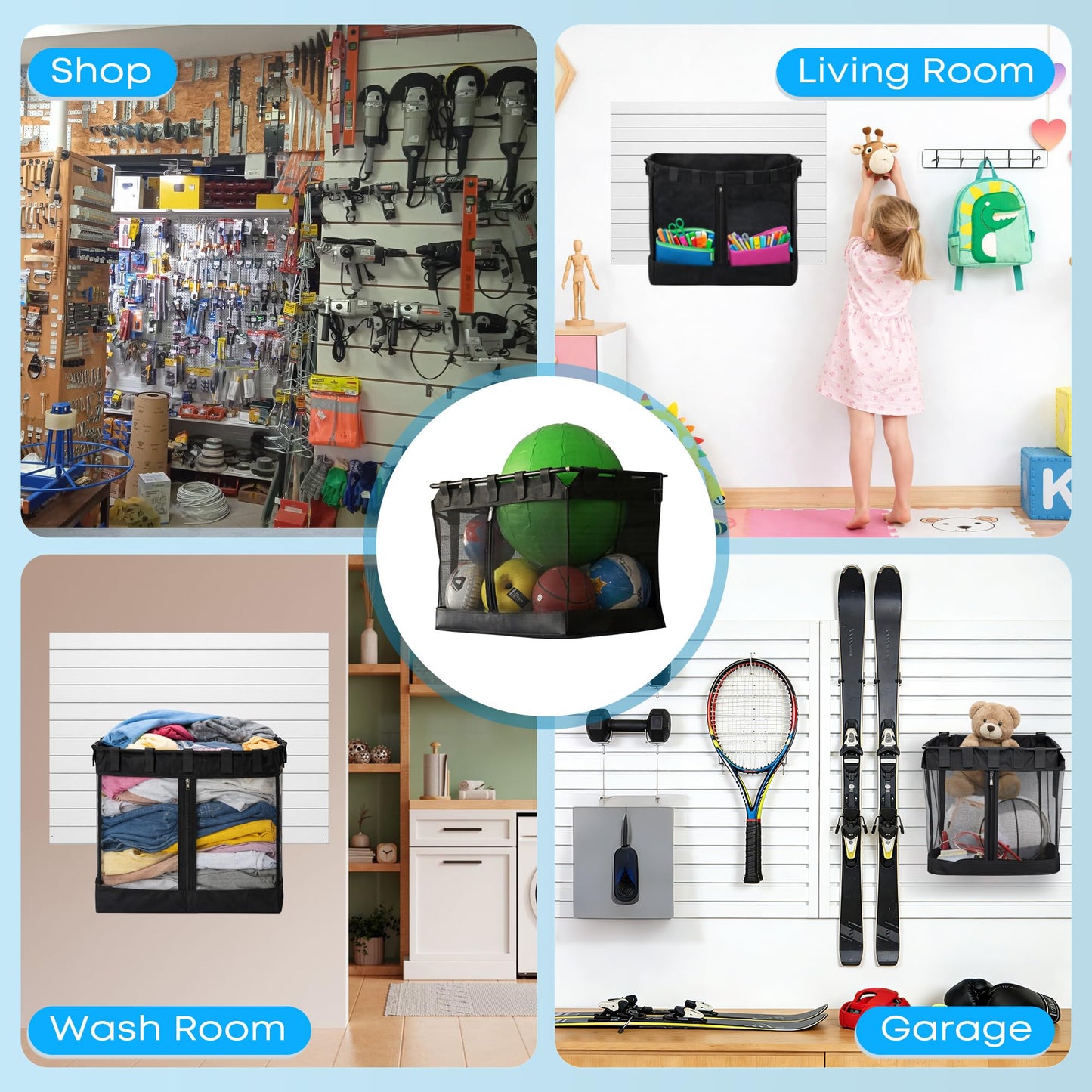 NUMAKY 10PCS Slatwall Accessories Kit, Includes 2 Large Mesh Slatwall Baskets with Zipper & 8 Heavy Duty Multifunctional Hooks, for Sports Equipment, Tools & Garage Organization