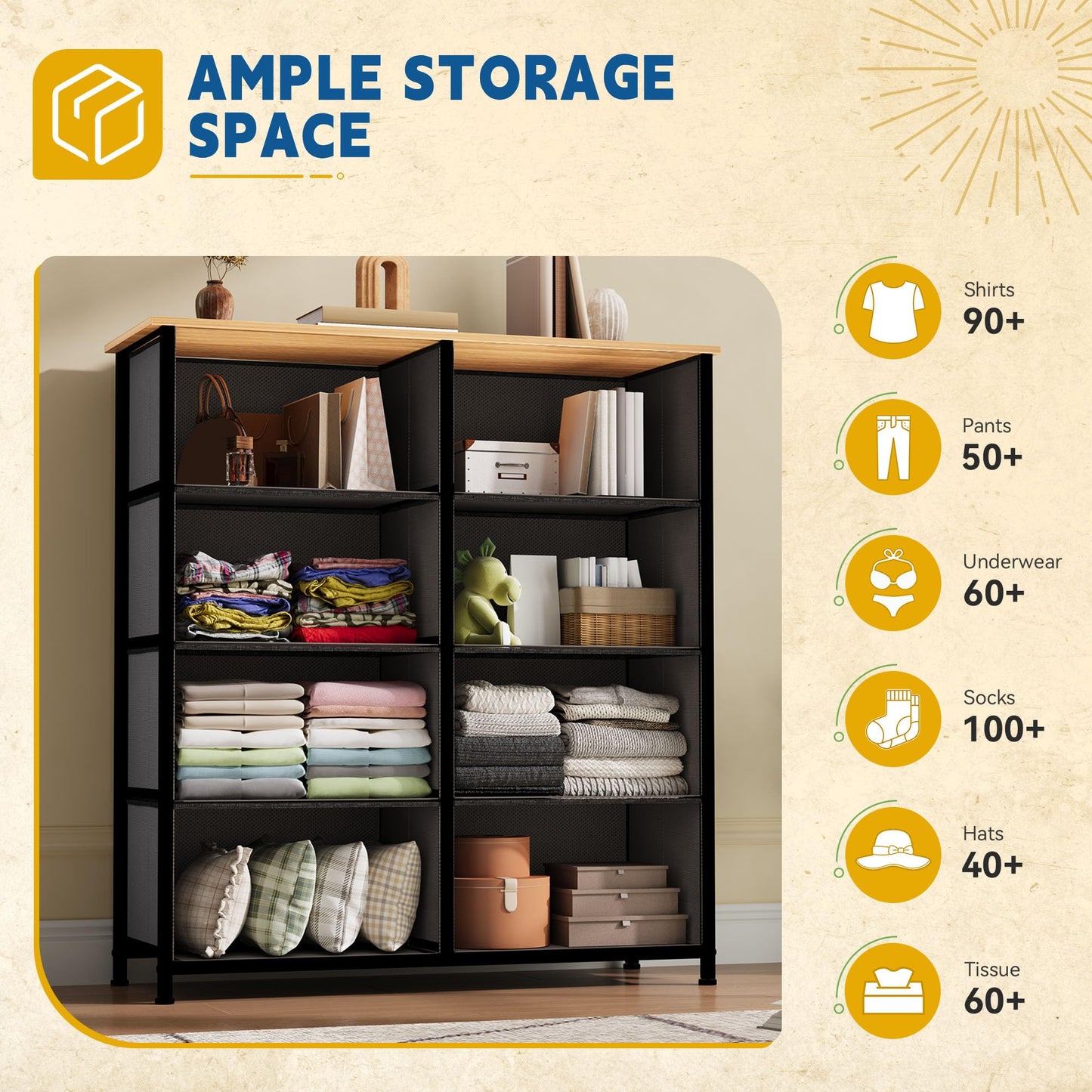 DWVO 9 Drawers Dresser for Bedroom, Fabric Storage Tower for Living Room, Entryway - Sturdy Steel Frame, Wooden Top & Easy Pull Fabric Bins