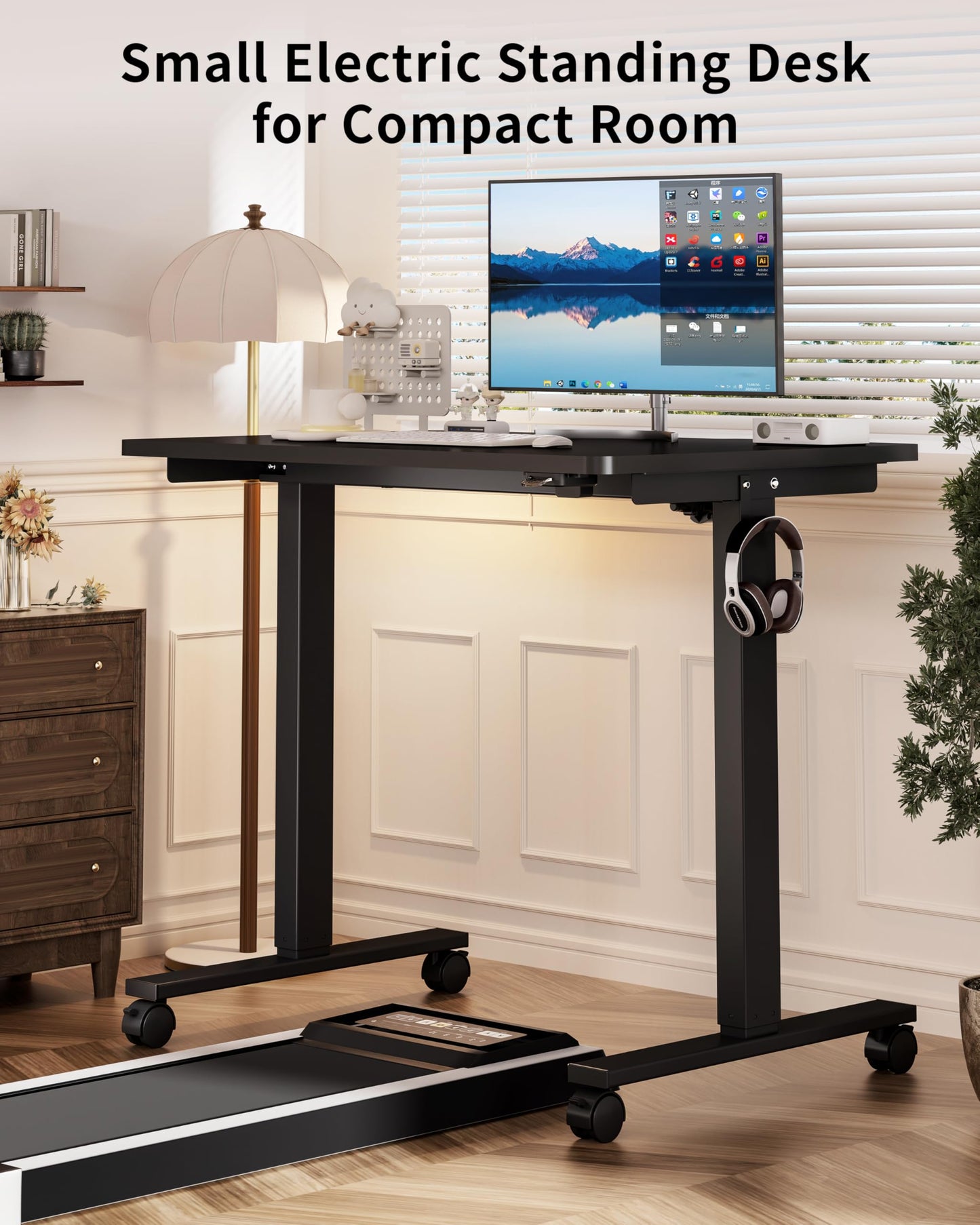Okin Small Electric Standing Desk, 36 x 24 Inches Whole Piece Height Adjustable Desk, Black Sit to Stand Desks Computer Workstation with Wheels for Home Office