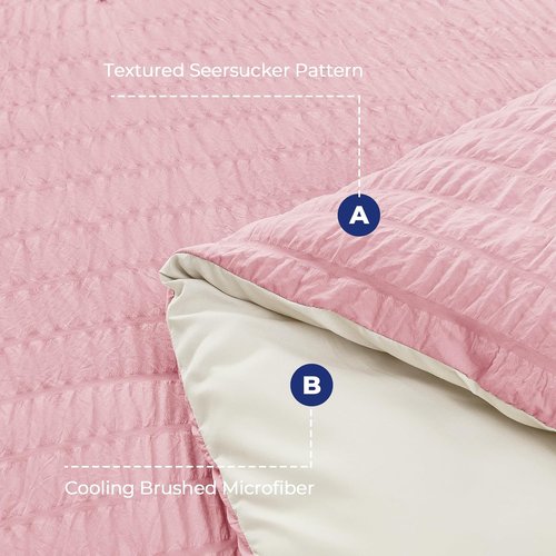 HYMOKEGE Queen Comforter Set - 7-Piece Seersucker Luxury Bedding in Pink/Ivory | All-Season Bed in a Bag