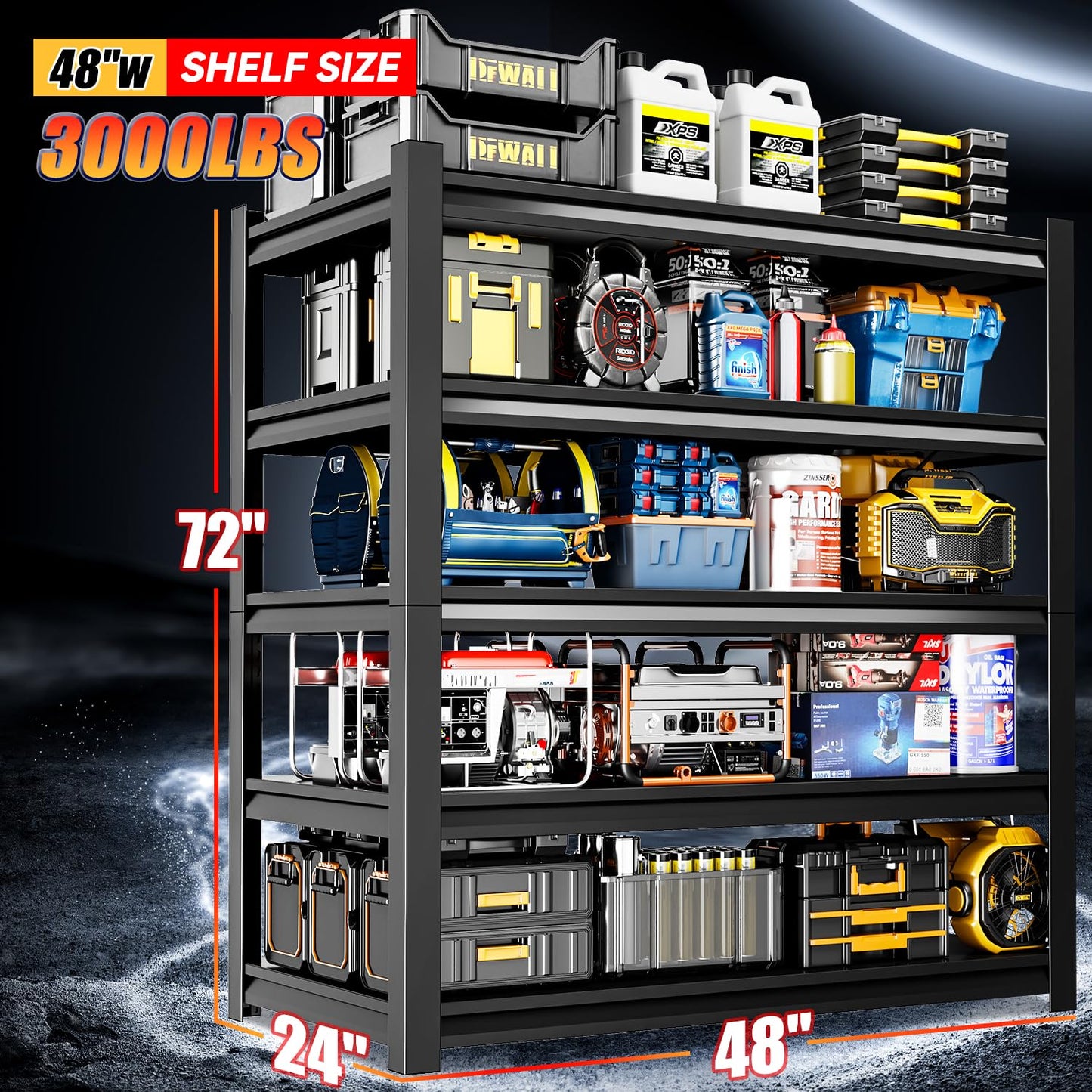 Welfiya 72" H Garage Shelving,5-Tier Heavy Duty Shelving Unit,3000LBS Adjustable Metal Storage Shelves,Storage Rack Units for Industrie,Shed,Warehouse,Basement,Black,47.3" W x 23.6" D x 72" H