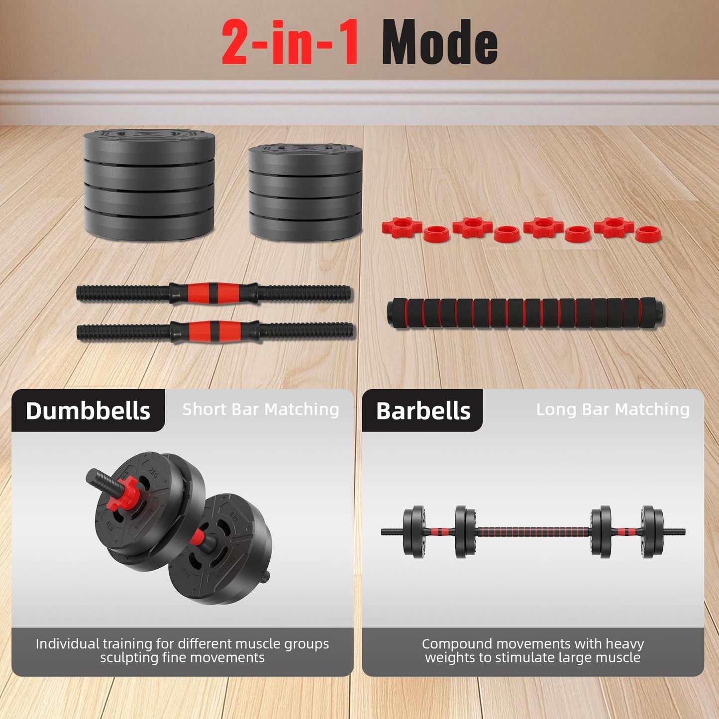 Fitvids Multi-Functional Changeable Dumbbell and Barbell Kettlebell Set with Adjustable Weights, 40LBS, 2-in-1