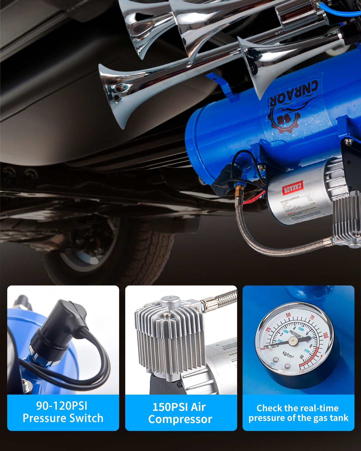 CNRAQR 178DB 4 Horns Train Horn with 1.6 gallon Air Tank and 150 PSI Compressor 12V Kit Train Horn 6 L Air Horn Kit for Truck Car Jeep SUV Train Boat