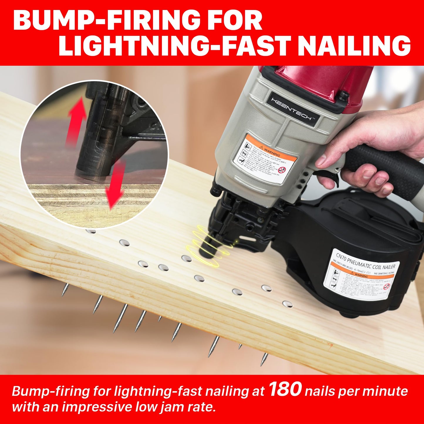 KEENTECH Pneumatic Siding Nail Gun for 1-3/4" to 2-3/4" 15-Degree Nails, Coil Siding Nailer with Bump Firing for Fast Nailing Speed, Coil Nail Gun for Pallet, Siding, Crating, Decking, Framing, CN70