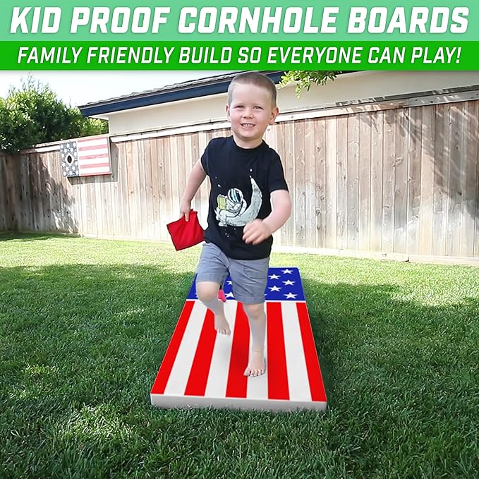 GoSports 4 x 2 ft All Weather Cornhole Boards - American Flag, Red, or Blue - Game Set Includes 8 Bean Bags & Rules
