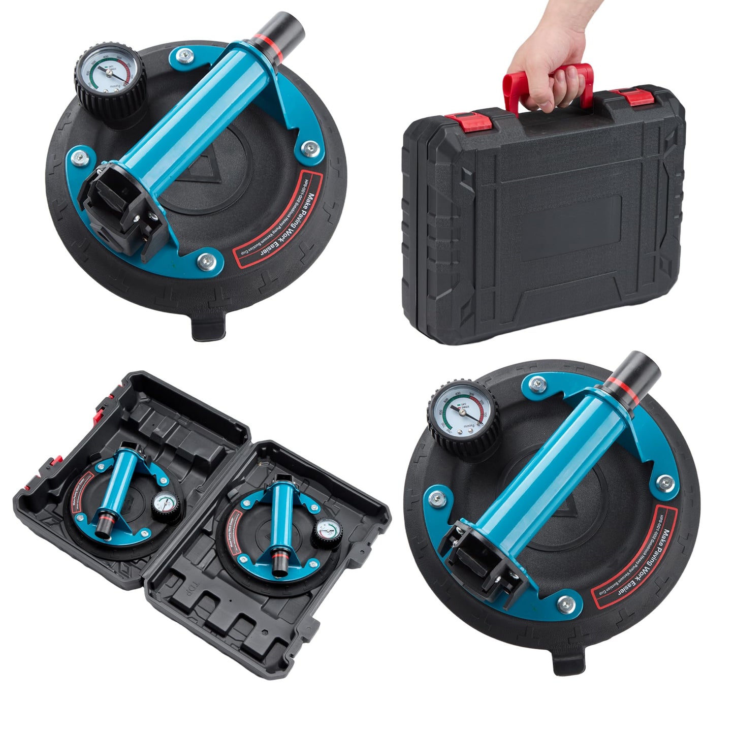 8" Glass Suction Cups with Pressure Gauge, 2 Pack Vacuum Suction Cups with Metal Handle, Heavy Duty Hand-held Suction Cups for Glass & Granite Lifting, 440 lbs Load Capacity with Carrying Case