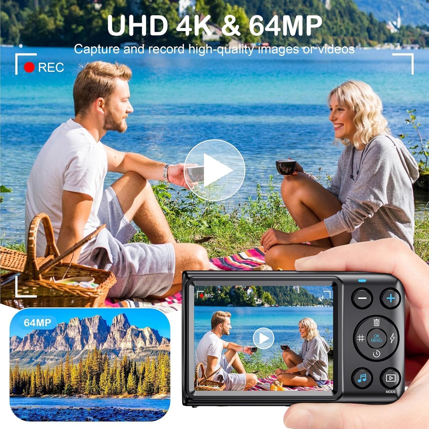 KANORLEEY 4K Cards-64MP YouTube,2.8" Focus,18X Zoom,10 Digital Camera Without SD Vlogging Camera for IPS Screen,Auto