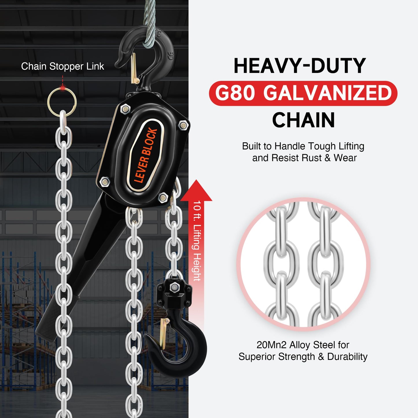 CREWORKS Lever Chain Hoist, 3 Ton 6600 lb Capacity 10 ft Manual Chain Hoist with G80 Galvanized Chain & Swivel Hooks, Heavy Duty Manual Lever Hoist for Construction Warehouse Automotive Factory