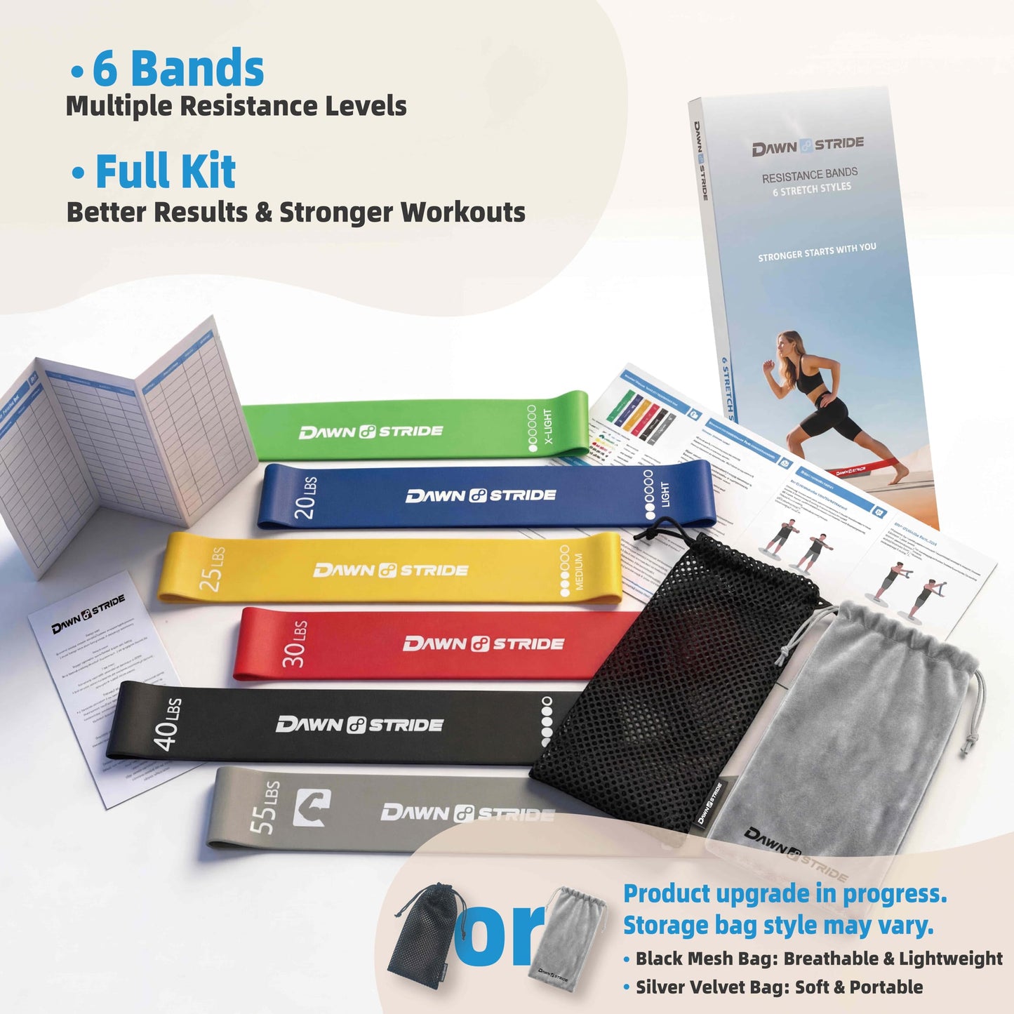 DawnStride 6-Levels Resistance Exercise Loop Bands Set – Elastic Workout Bands for Yoga, Strength Training, Physical Therapy – Guide, Fitness Card & Carry Bag
