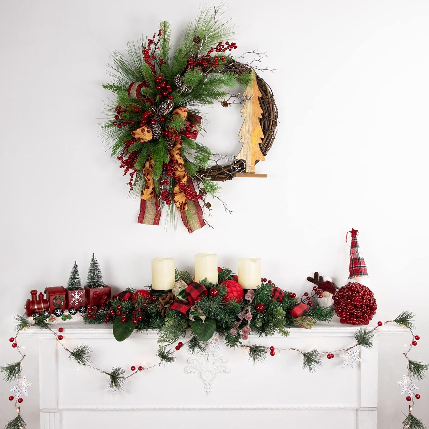 Northlight Pine Triple Candle Holder - Festive Bows & Plaid Ornaments | 30" Green Decor