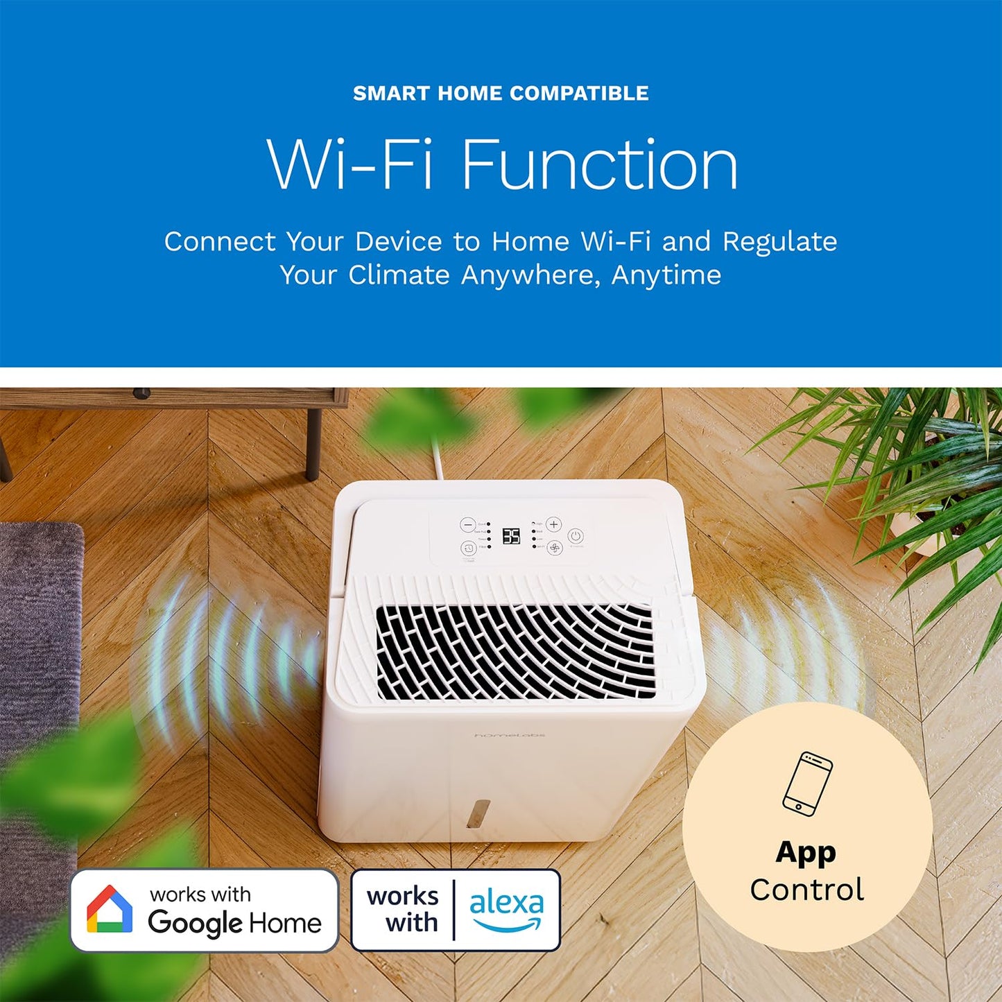 hOmeLabs Dehumidifier 4,500 Sq Ft Wi-Fi (32 Pint MAX 80 Pint at 95°F, 90% RH) for Advanced Humidity & Moisture Control, Quiet, Efficient, Auto Shut-off, Ideal for Home, Basement, Office