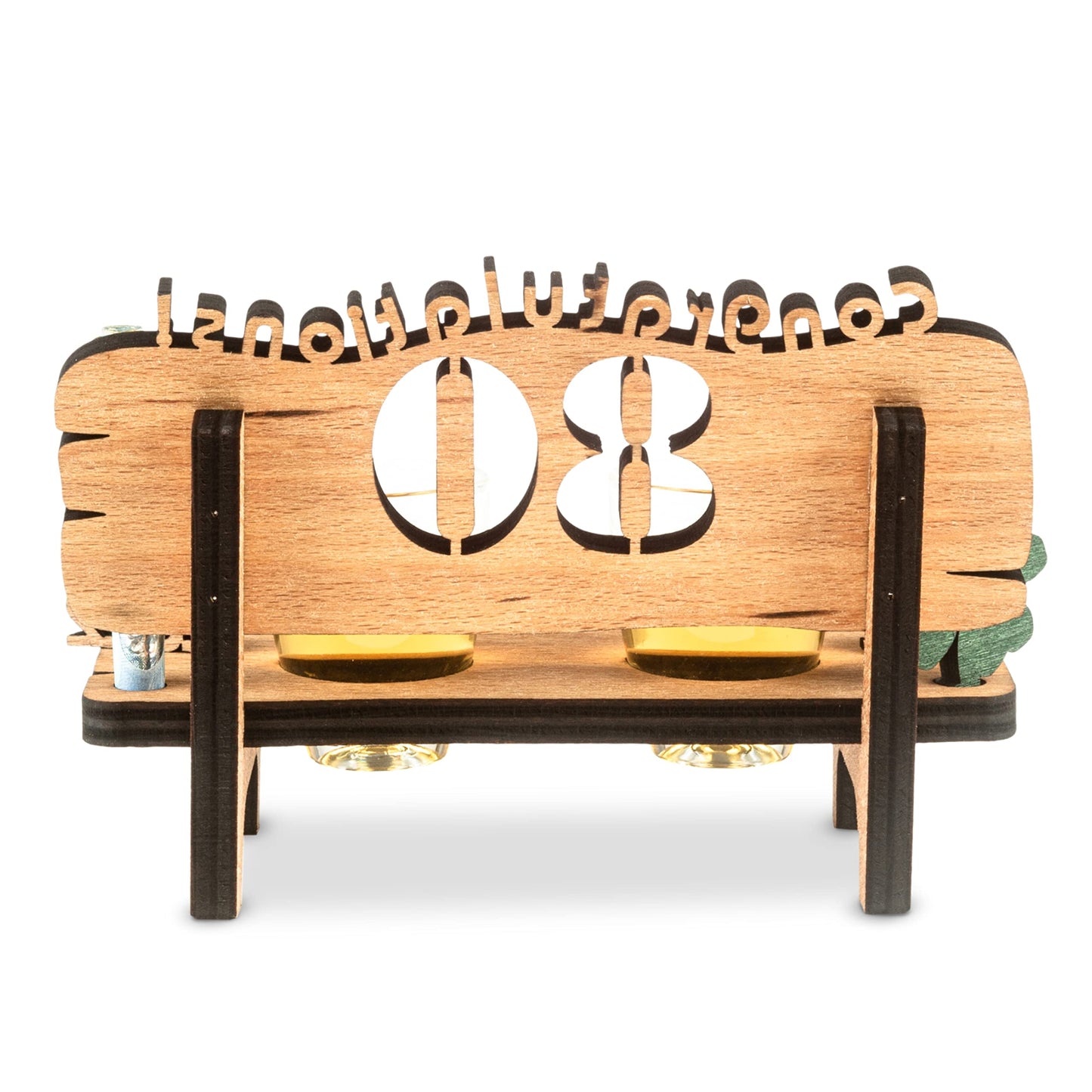 Brynnberg Wooden Bench with Shot Glasses - 80 Engraved (Years Available 10-90) - Original, Funny and Emotional Gift for Wedding, Anniversary or Birthday - 2 Shot Glasses and Wood Four-Leaf Clover