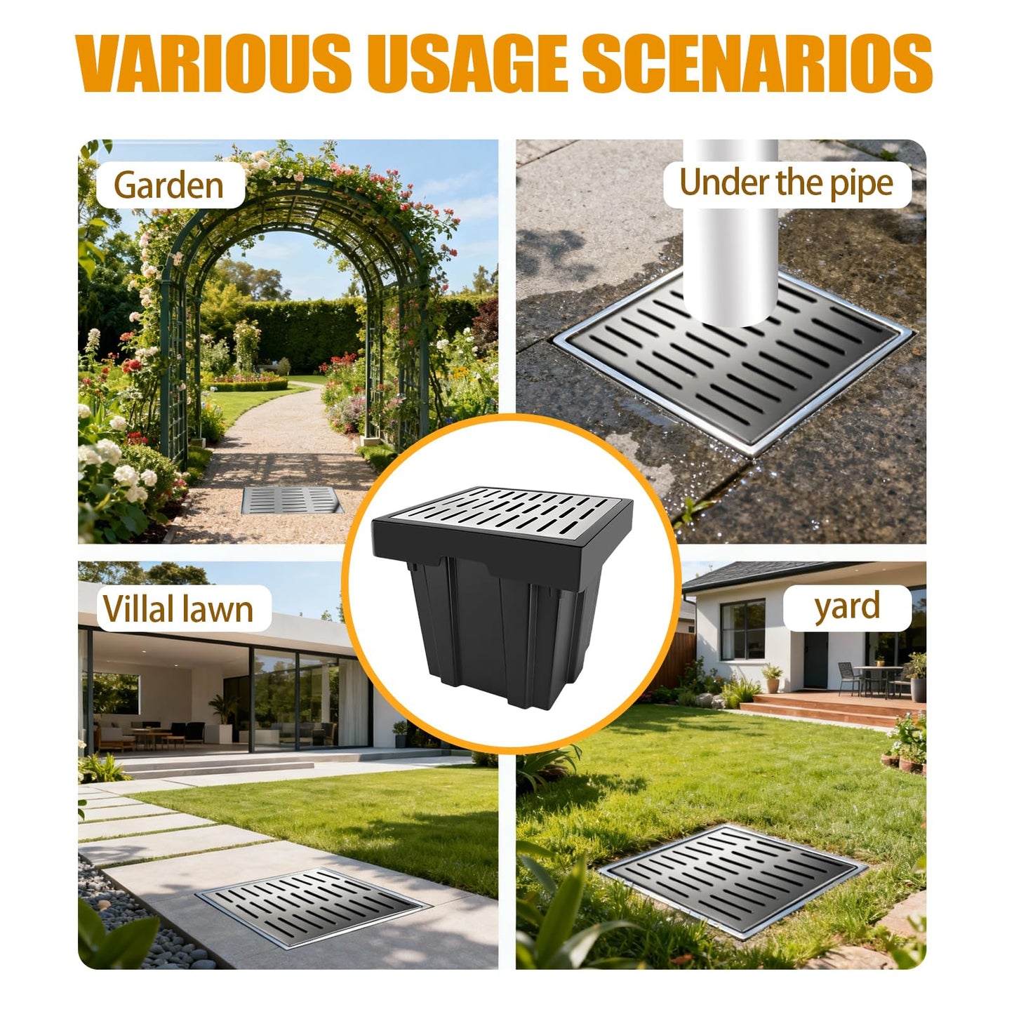 18x18x15 Inch Catch Basin with Stainless Steel Grate, Large Drainage Basin with Debris Basket, French Drain Basin Without Reserved Hole for Yard, Patio, Downspout, Commercial, Municipal Pipeline, Lawn