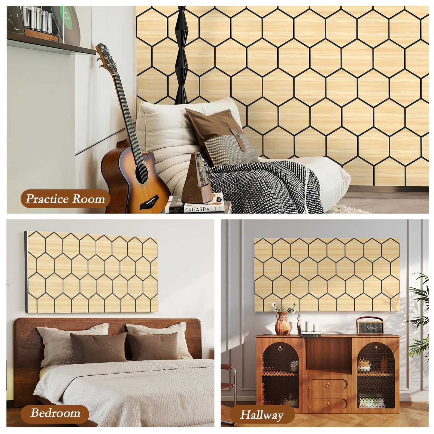 4Pack Acoustic Wall Panel Self-Adhesive Soundproof Foam Panels for Wall, 3D Perforated Tri-Layer Polyester Fiber Decorative Acoustic Insulation for Recording Studio, Office, Home, 24×12×1.78", Hexagon