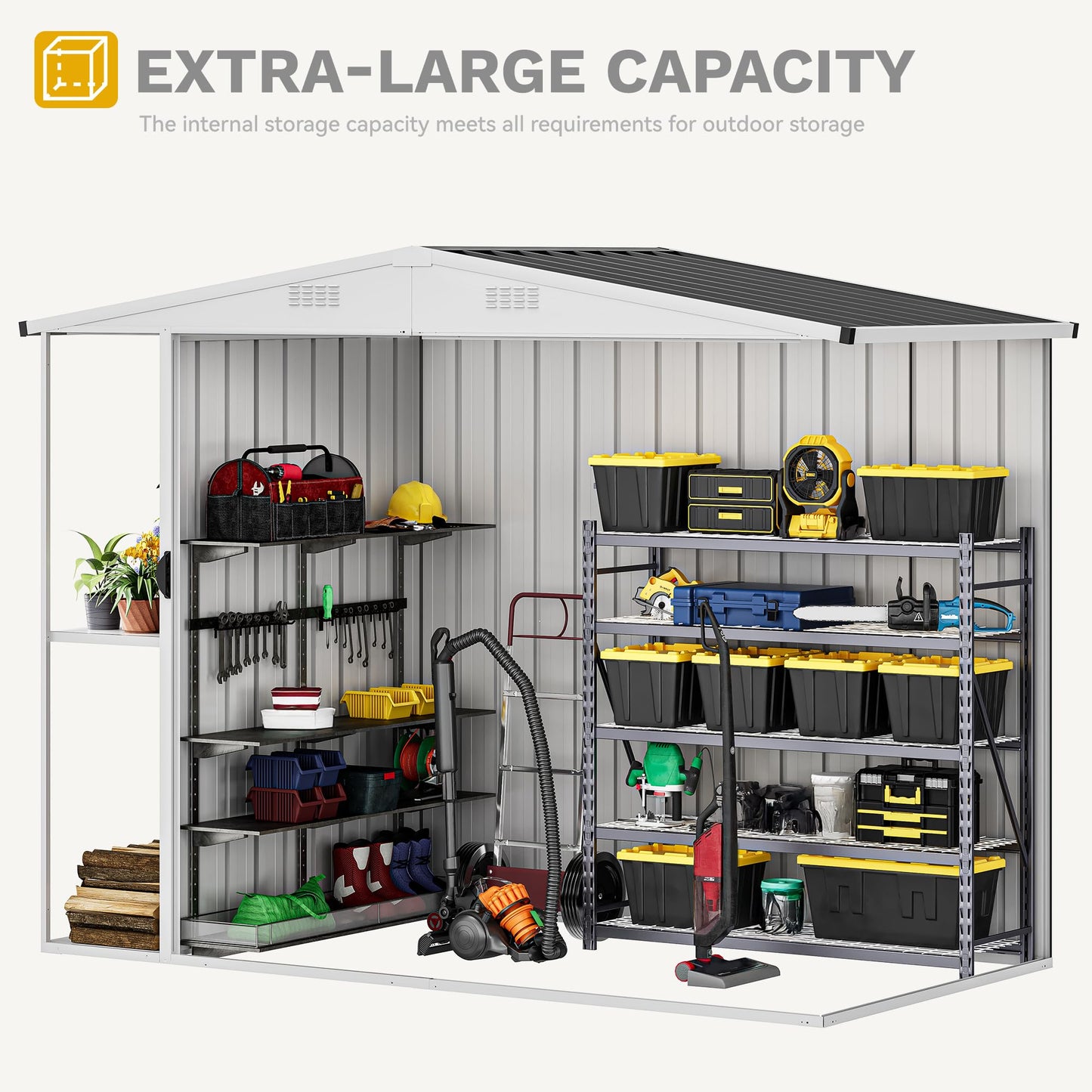 DWVO 8 x 4 ft Outdoor Storage Shed with 2-Tier Shelf, Metal Tool Shed & Garden Storage Cabinet for Backyard, Patio, Equipment & Bike, Dark Gray
