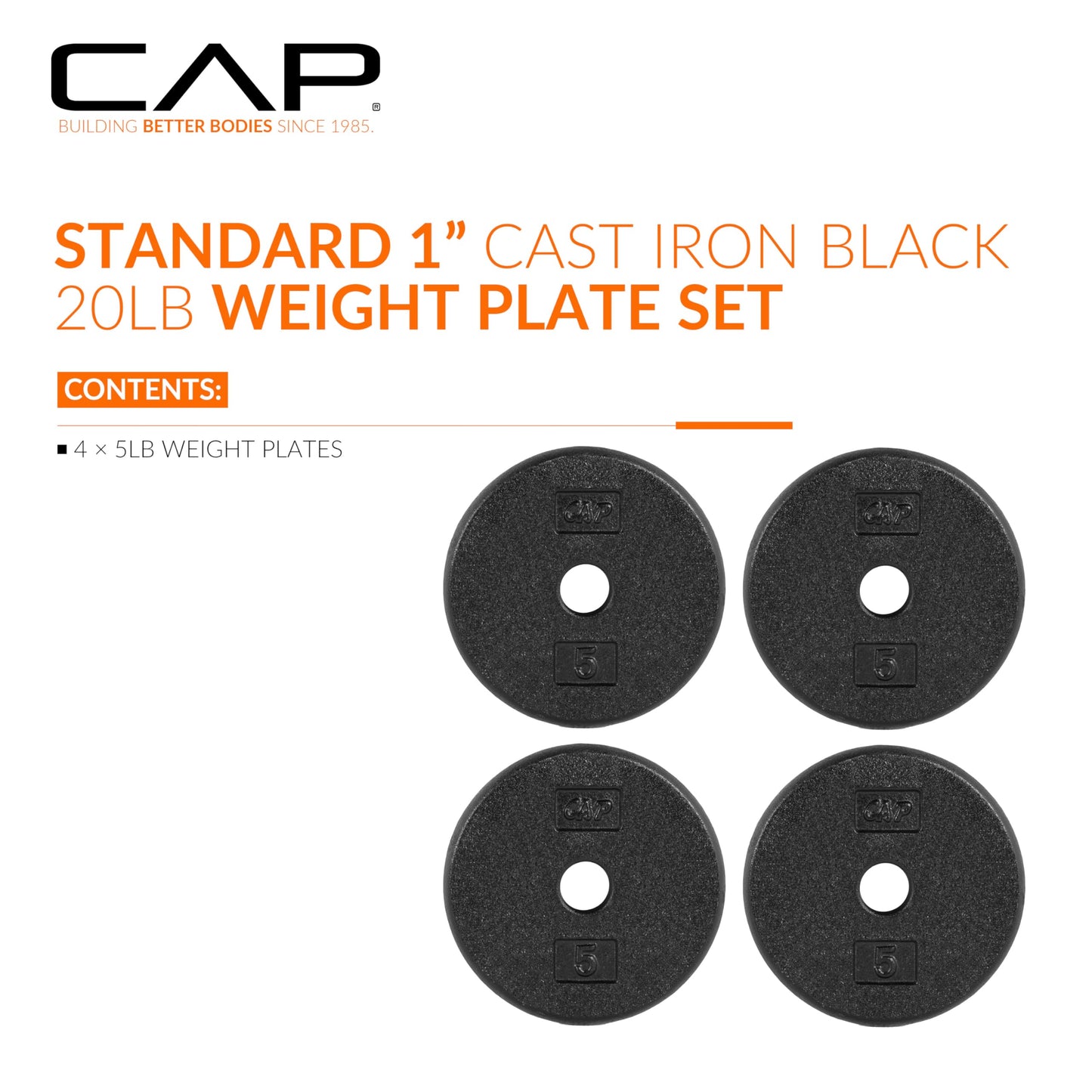 CAP Barbell Cast Iron Standard 1-Inch Weight Plate Set – Barbell Weights for Home Gym, Strength Training, and Weightlifting, 5 lb Set of 4, Black