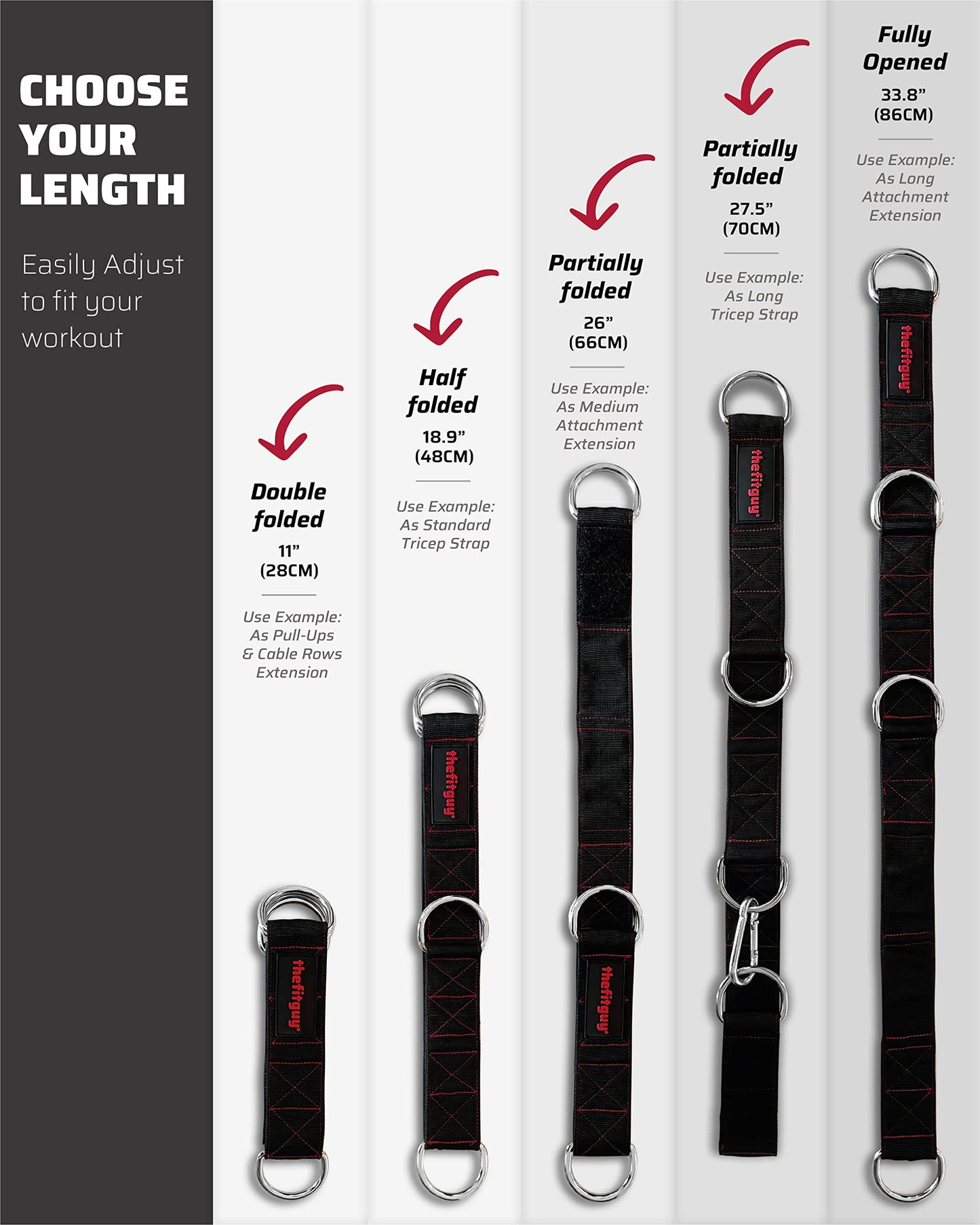THEFITGUY Gym Multifunctional Extension Strap (Single) - for Cable Attachments, Pulley Machines, Rows - Add New Exercises and Grips to Your Workout, Heavy Duty, 5 Lengths Options
