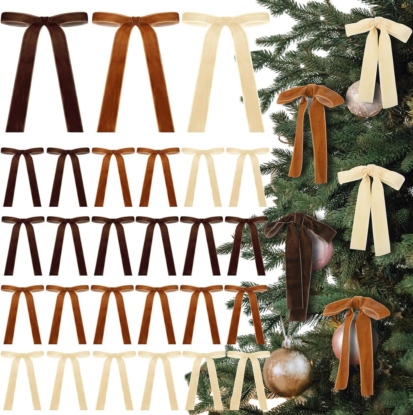 Skiennix Velvet Bows - 24 Pcs Christmas Tree Ornaments | Coquette Wedding Decor in Brown & Beige (5 x 7 Inch)