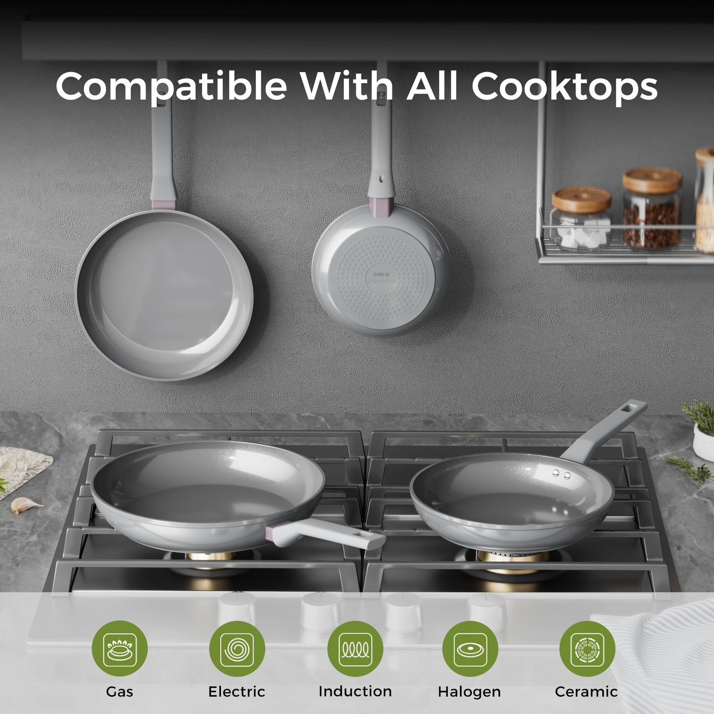 Sanho Diamond-Titanium Ceramic Nonstick Fry Pan Set, 10in & 12in Frying Pans, PFAS PFOA PTFE Free, Dishwasher Safe & Induction Compatible Cookware with Cool-Touch Handle, Gray