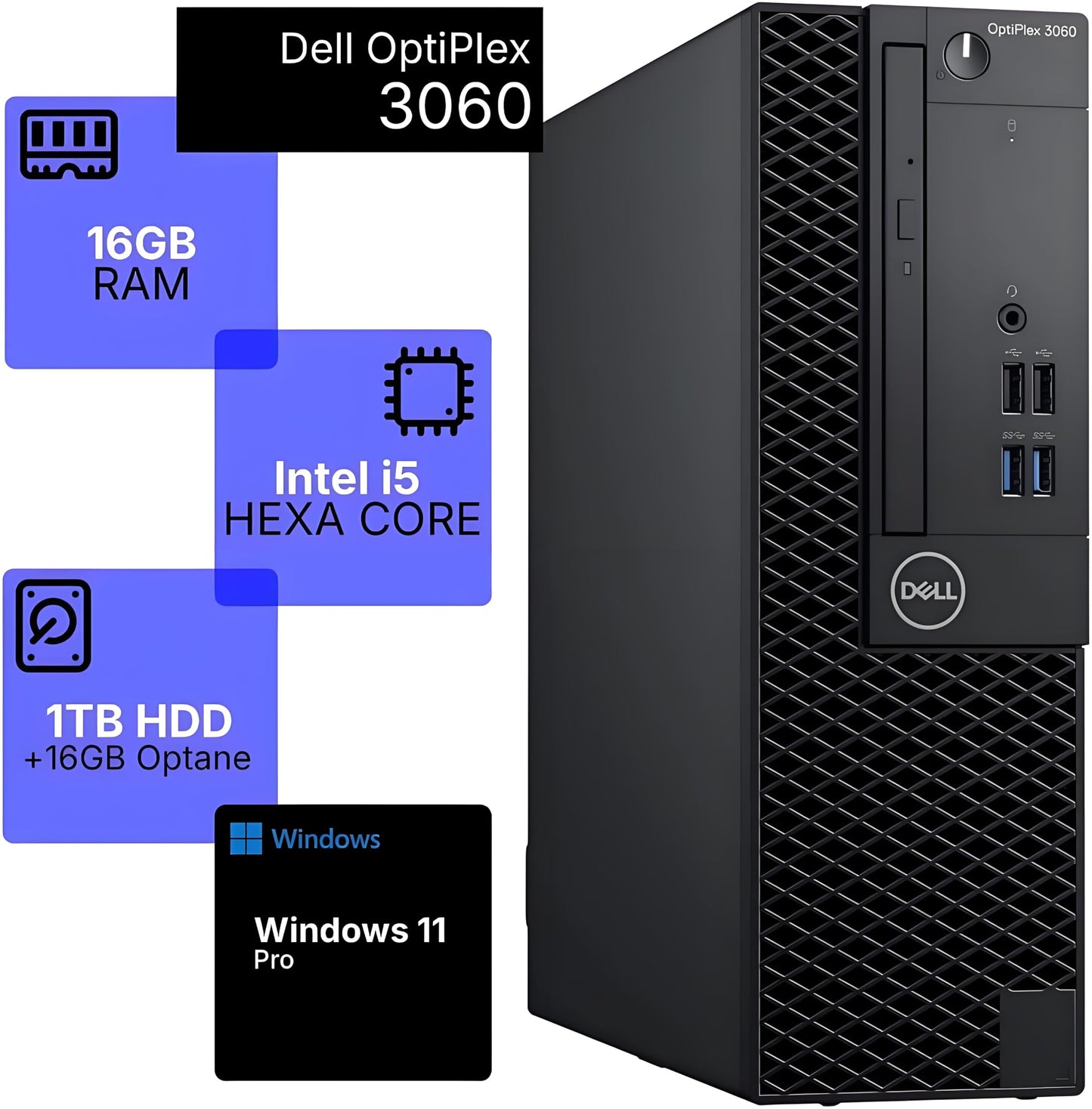 Dell OptiPlex 3060 SFF Desktop Computer, Intel Core i5-8500, 16GB DDR4, 16GB Intel M.2 Optane Memory + 1TB HDD, Built-in Wi-Fi + Bluetooth, HDMI + DisplayPort, Windows 11 Pro (Renewed)