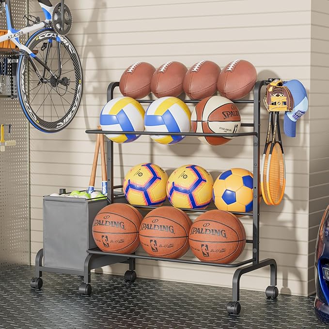 Ball Storage Rack, Adjustable Basketball Holder Display Stand with Ball Basket Bin Hooks, Outdoor Ball Cart with Wheels for Soccer Football Tennis Baseball, Sport Equipment Organizer for Garage Gym