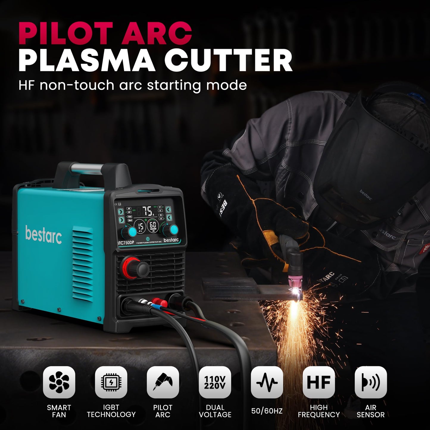 bestarc Pilot Arc Plasma Cutter, [Large LED Display][Air Sensor] 75A Plasma Cutter Machine 110/220V Dual Voltage, 1/2 Inch Clean Cut 1.2 Inch Max Cut, Post Flow Mesh, 2T/4T for Beginners DIY