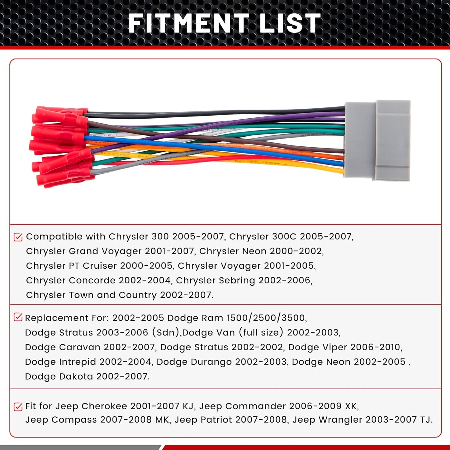 2002-2006, 2001-2007 2000-2006 RED WOLF Stereo Wiring Harness for Dodge Ram Jeep Chrysler w/Wire Connector Butt Install