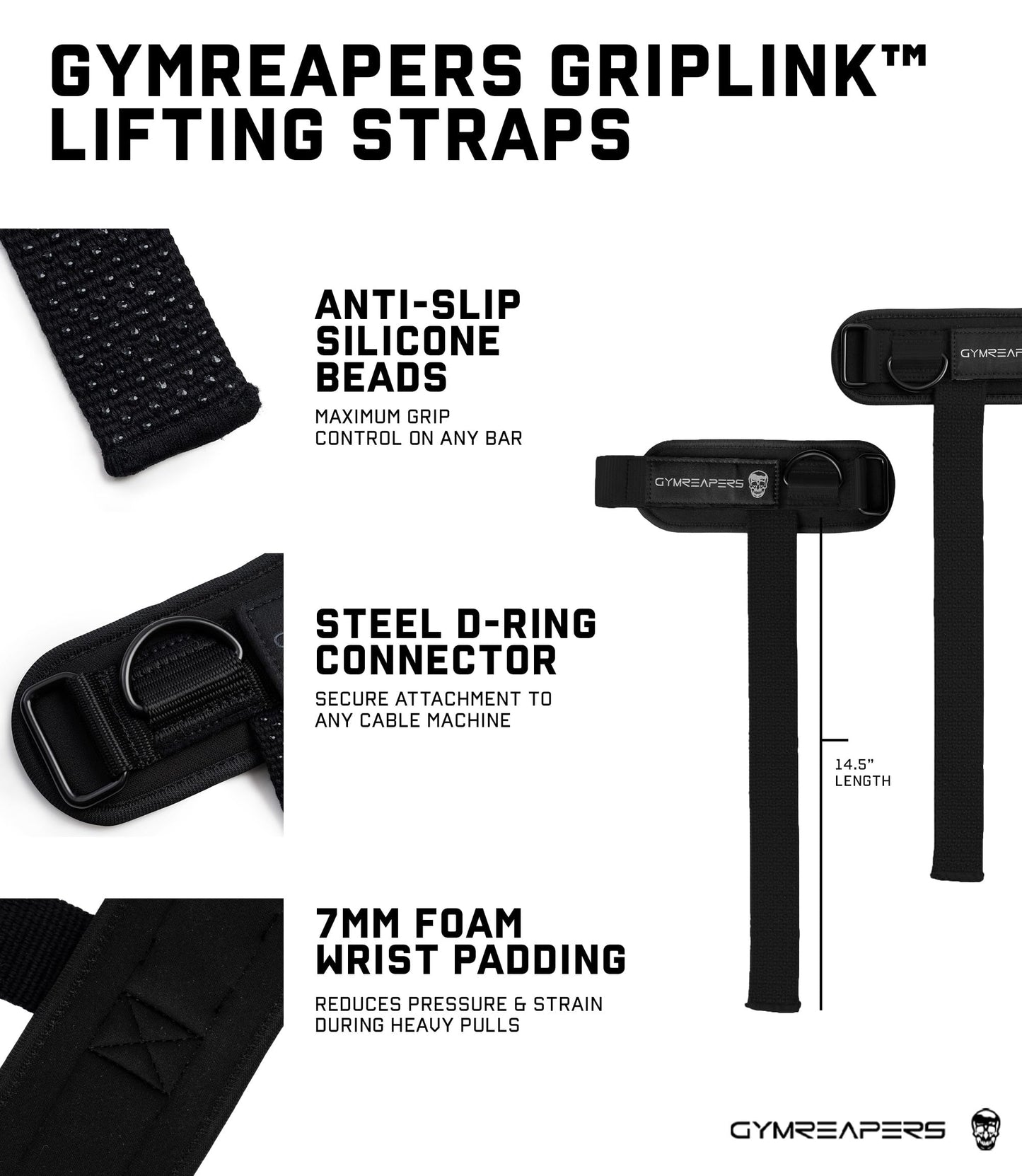 Gymreapers GripLink Lifting Straps, Black/White