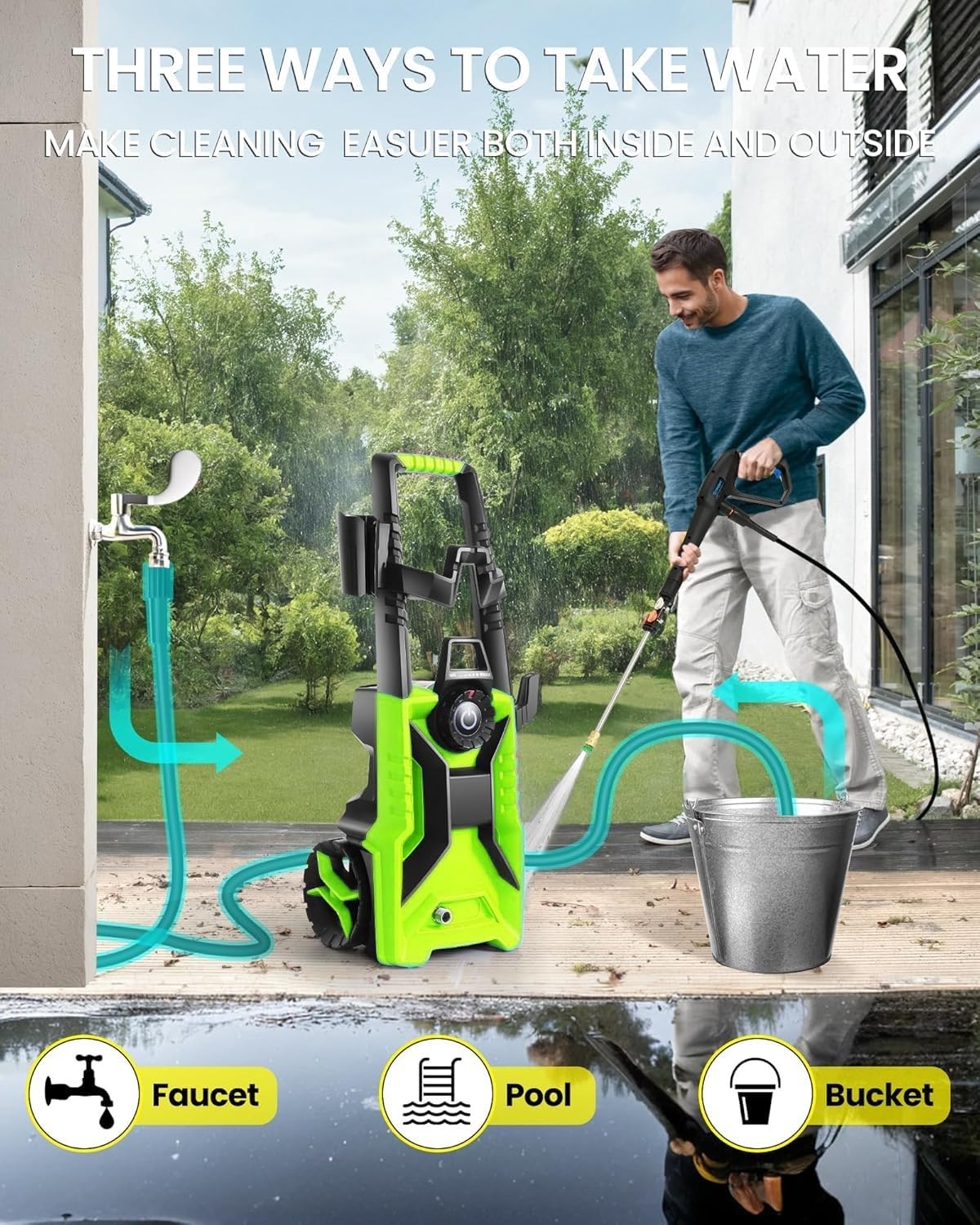 Electric Pressure Washer,5000 PSI 3.9GPM Adjustable Pressure,Power Washer Electric Powered with Foam Cannon,4 Nozzle,33FT Hose and Soap Bottle for Home/Cars/Fences (Green)
