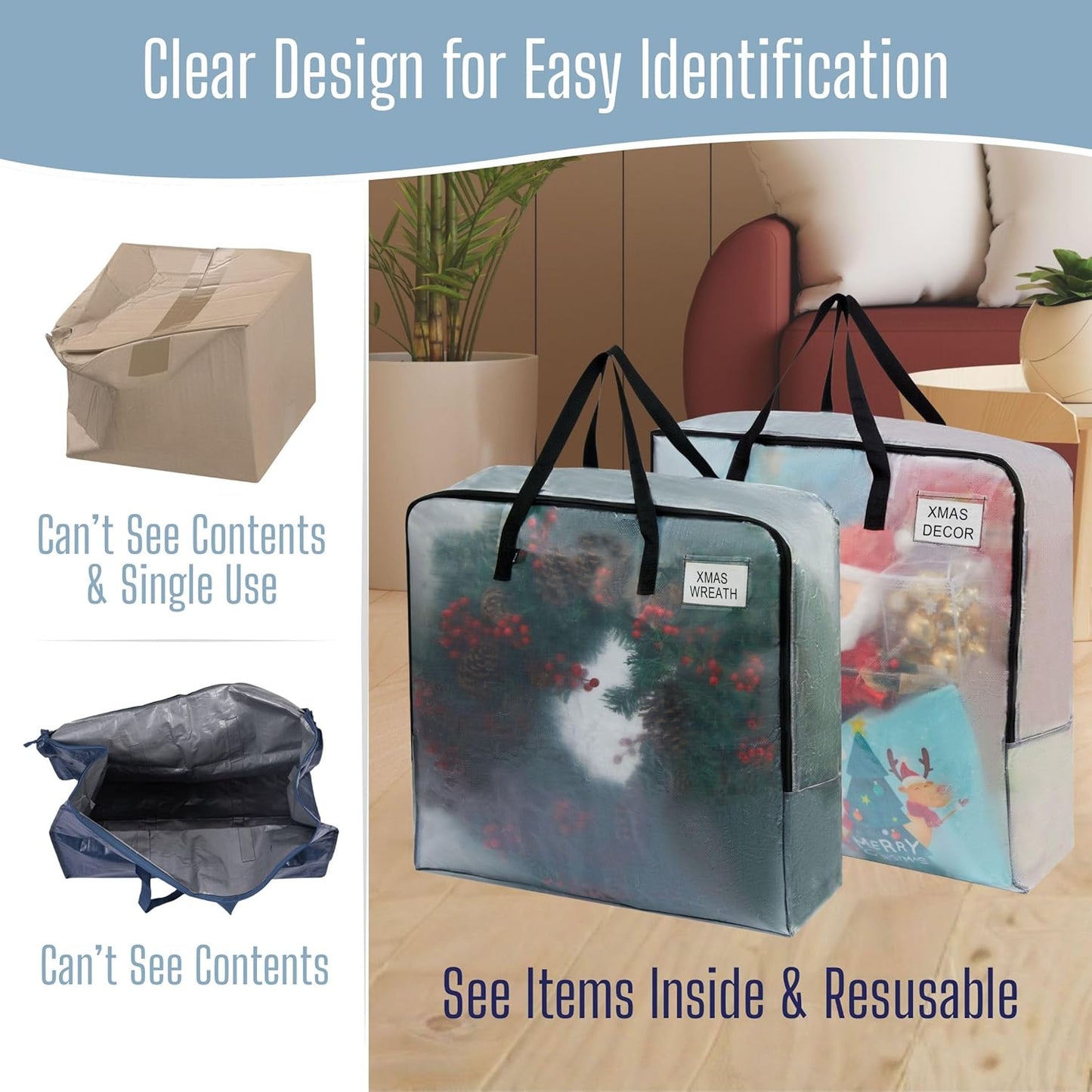 VENO Clear Moving Bags - 4 Pack Heavy Duty Storage Totes for 30" Wreaths, Clothes & Bedding