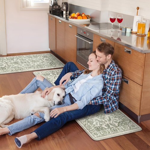 KIMODE Anti Fatigue Kitchen Mat Set, Non Slip Waterproof Kitchen Rug Set of 2, Boho Rugs for Kitchen, Ergonomic Standing Kitchen Sink Mats for Floor, 17"x29.5"+17" x47”, Green