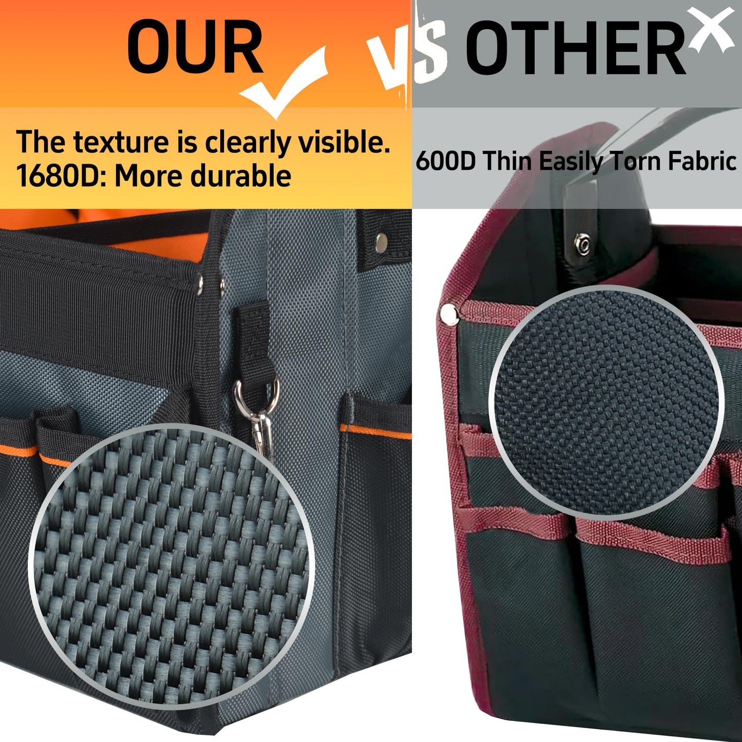 Aupofit 16 Inch Open Top Tool Bag, Pro-Grade Thick 1680D Fabric, Heavy Duty Foldabe Work Bag with Orange Interior Stainless Steel Handle & Padded Shoulder Strap, Easy Tool Access