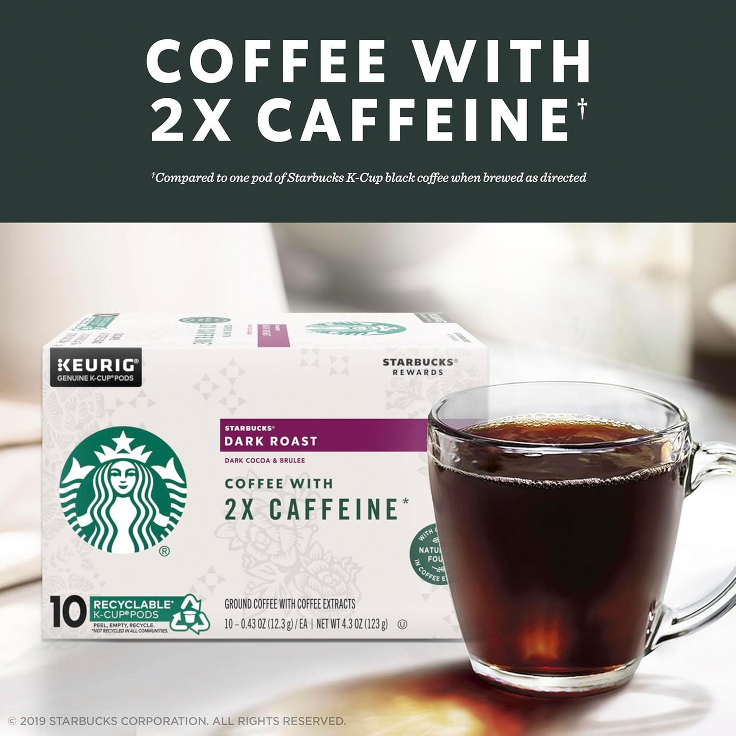 Starbucks Dark Roast K-Cup Coffee Pods - 2X Caffeine for Keurig Brewers | 60 Pods Total