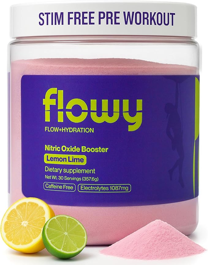 flowy Stim Free Pre Workout ??Nitric Oxide Booster for Men & Women | All Natural, Hydration, Non Stimulant Pump, Caffeine-Free, Electrolytes, L-Citrulline, Lemon Lime, 30 Servings
