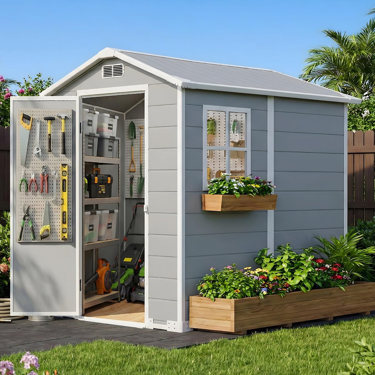 4x6 FT Outdoor Storage Shed with Floor & Window, All-Weather Resin Garden Tool Shed, Waterproof Plastic Garden Shed with Lockable Door, Vents & Roof Rainwater Drainage for Backyard, Garden, Poolside