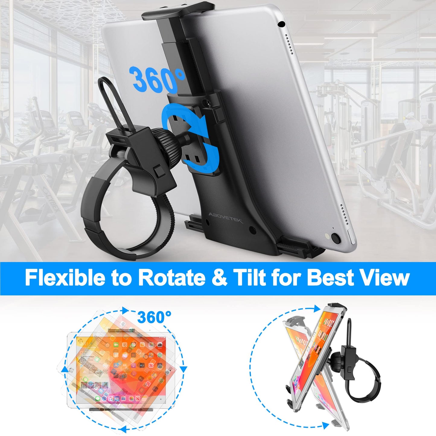 AboveTEK Universal Handlebar Mount for iPad, Indoor Cycling Bike iPad/iPhone Mount – Anti-Shock 360 Degree 3.5” to 12” Expandable Pole Strap Phone Holder for Gym, Treadmill, Spin Bike, Elliptical
