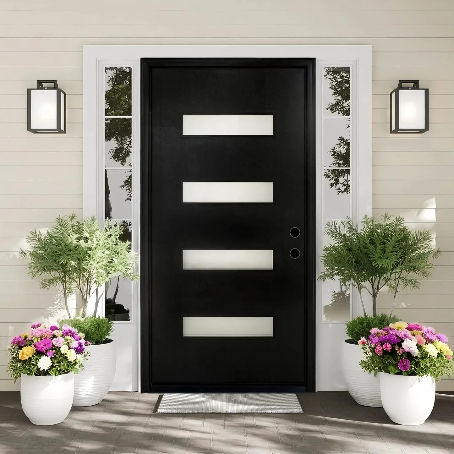 Fiberglass Entry Door Left Hand Inswing, 36 x 80, 4 Lite Frosted Glass 4-9/16 in. Vinyl Frame, Contemporary Style for Home's Front Entrance, Black Finished Knock-Down Entry Door