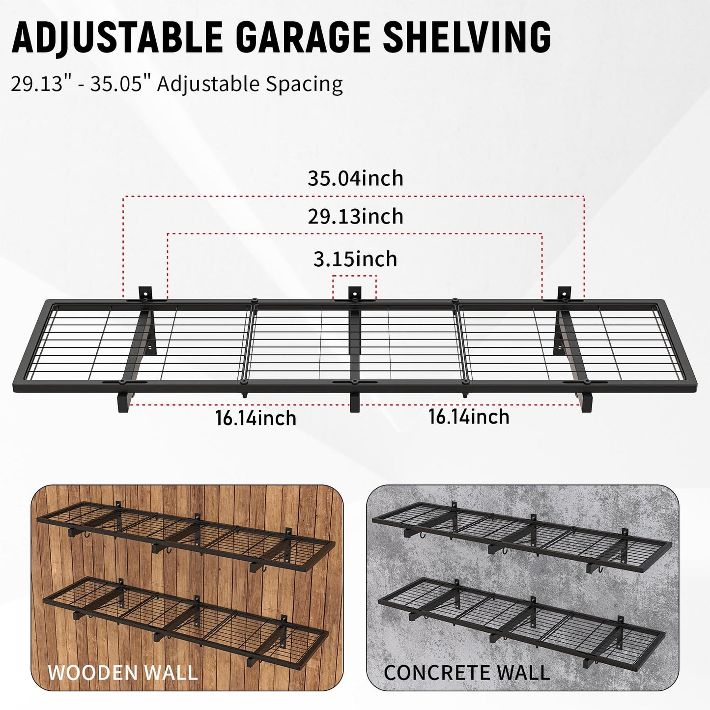 2 Pack Garage Wall Shelves, 46"X 12.5" Garage Shelving Wall Mounted, Heavy Duty Shelf Organizer with 8 Hooks, Black Floating Storage Metal Rack 320 LBS Capacity for Laundry Room, Office, Basement