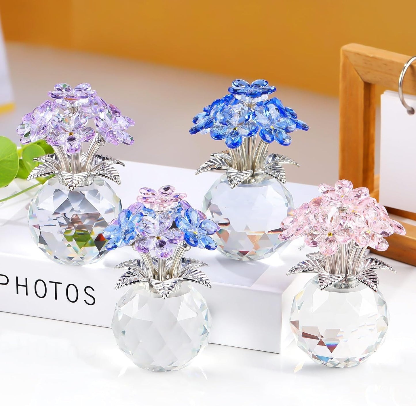 YWHL Blue Crystal Forget-Me-Not Flowers | Handmade Glass Flower Bouquet Figurine for Tabletop Decor