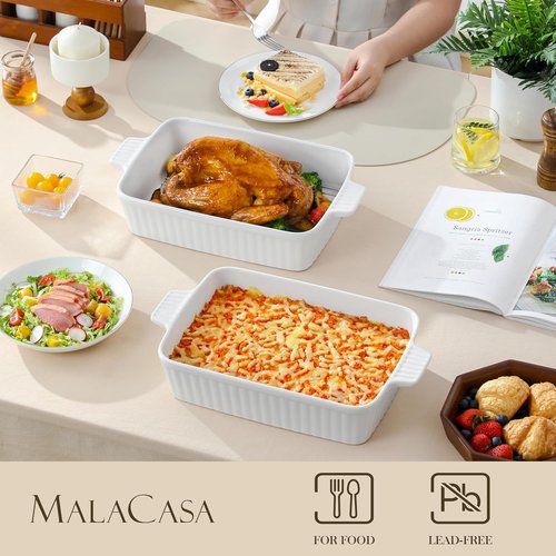 MALACASA 4.4 QT Baking Dish Set - 9x13 Large Casserole Dish with Rack & Handles for Oven Use