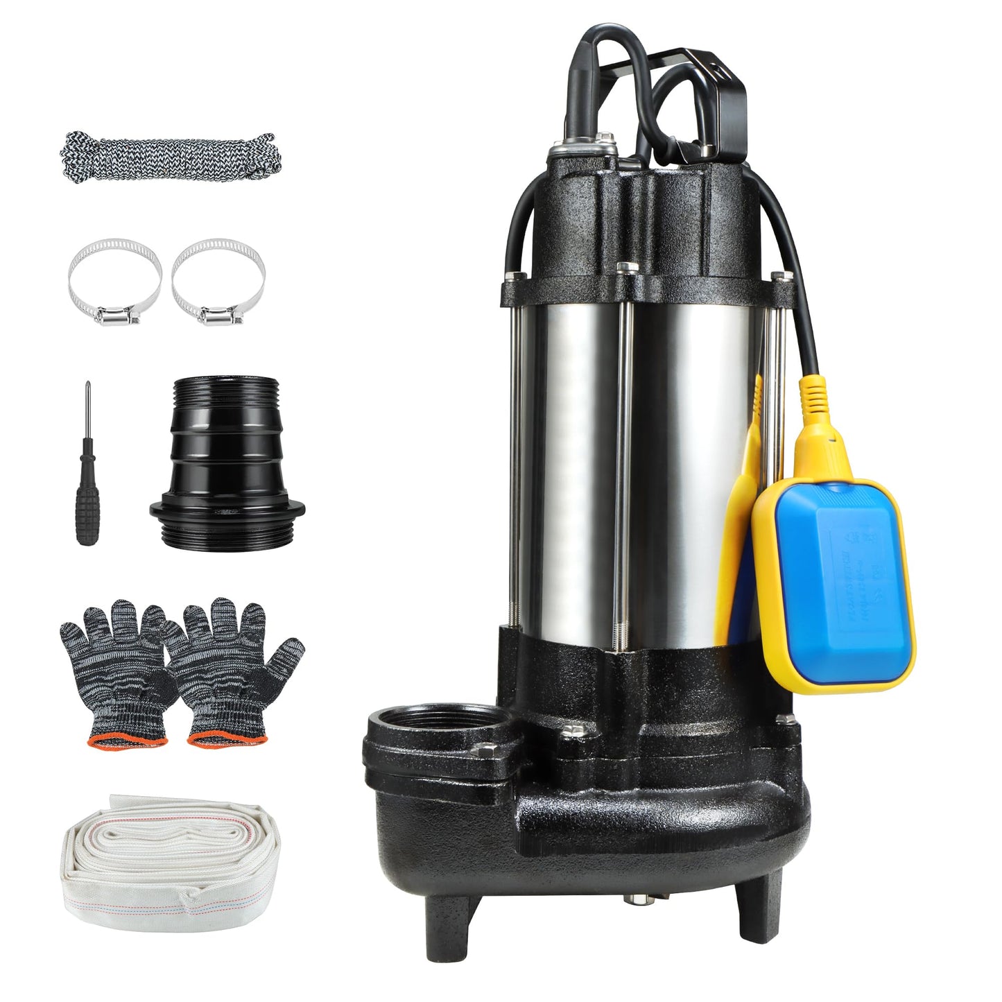 Sewage Effluent Grinder Pump, 1HP 110V 6400GPH, Stainless Steel Cast Iron with Automatic Float Switch, 2'' NPT Discharge for Basement, Sump Basin, Residential Sewage