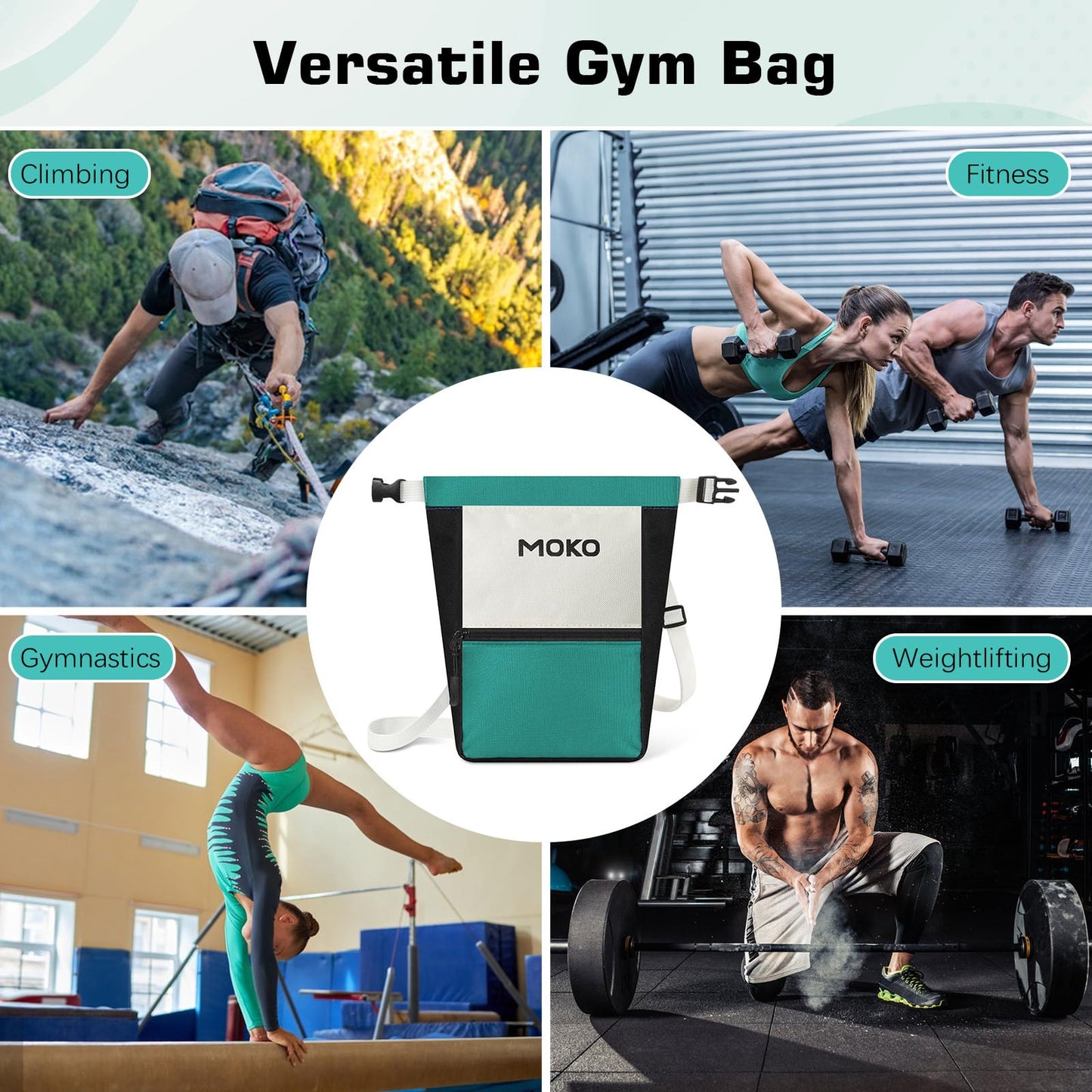 MoKo Chalk Bag for Rock Climbing, Large Capacity Climbing Chalk Bag with Magnetic Snap and Zipper Pocket, Portable Chalk Bucket for Weight Lifting, Bouldering, Gymnastics, Fitness, Green