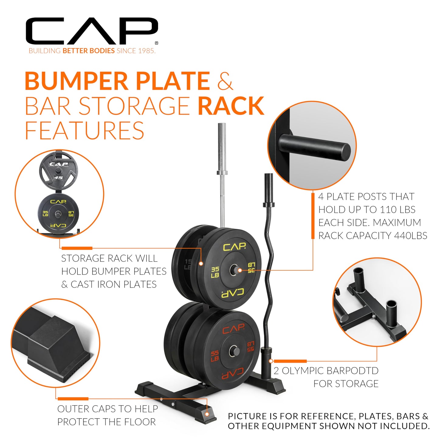 CAP Barbell Olympic Bumper Plate Tree Rack with 4 Weight Plate Posts and 2 Barbell Storage Holders – Heavy-Duty Steel Gym Organizer for Olympic Plates and Bars - Black