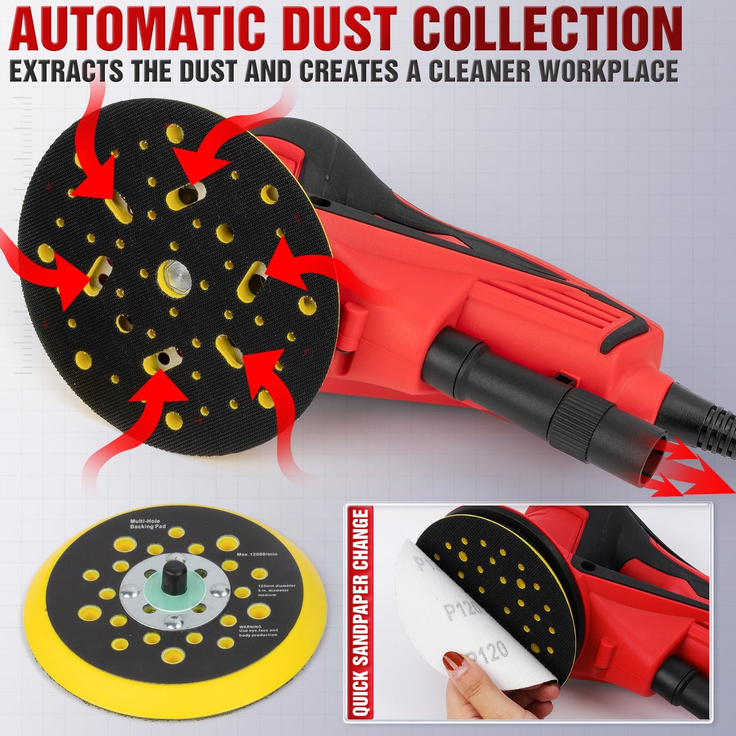 Autolock Electric Random Orbital Sander, 350W Brushless Motor with 5 & 6 Inch Pads, 10000RPM Palm Sander for Woodworking, Sanding and Polishing (1pcs)