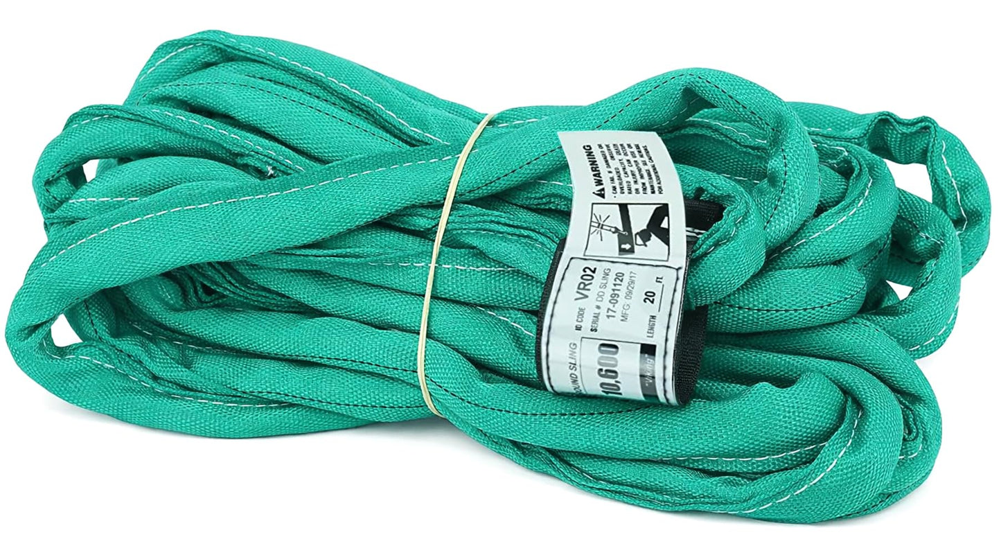 Chenango Supply VR2 Green Round Sling, 20 ft – USA Made, 5,300 lb Vertical, 4,240 lb Choker, 10,600 lb Basket – Double-Ply Cover Endless Poly Rigging Sling for Lifting & Material Handling (20 ft)