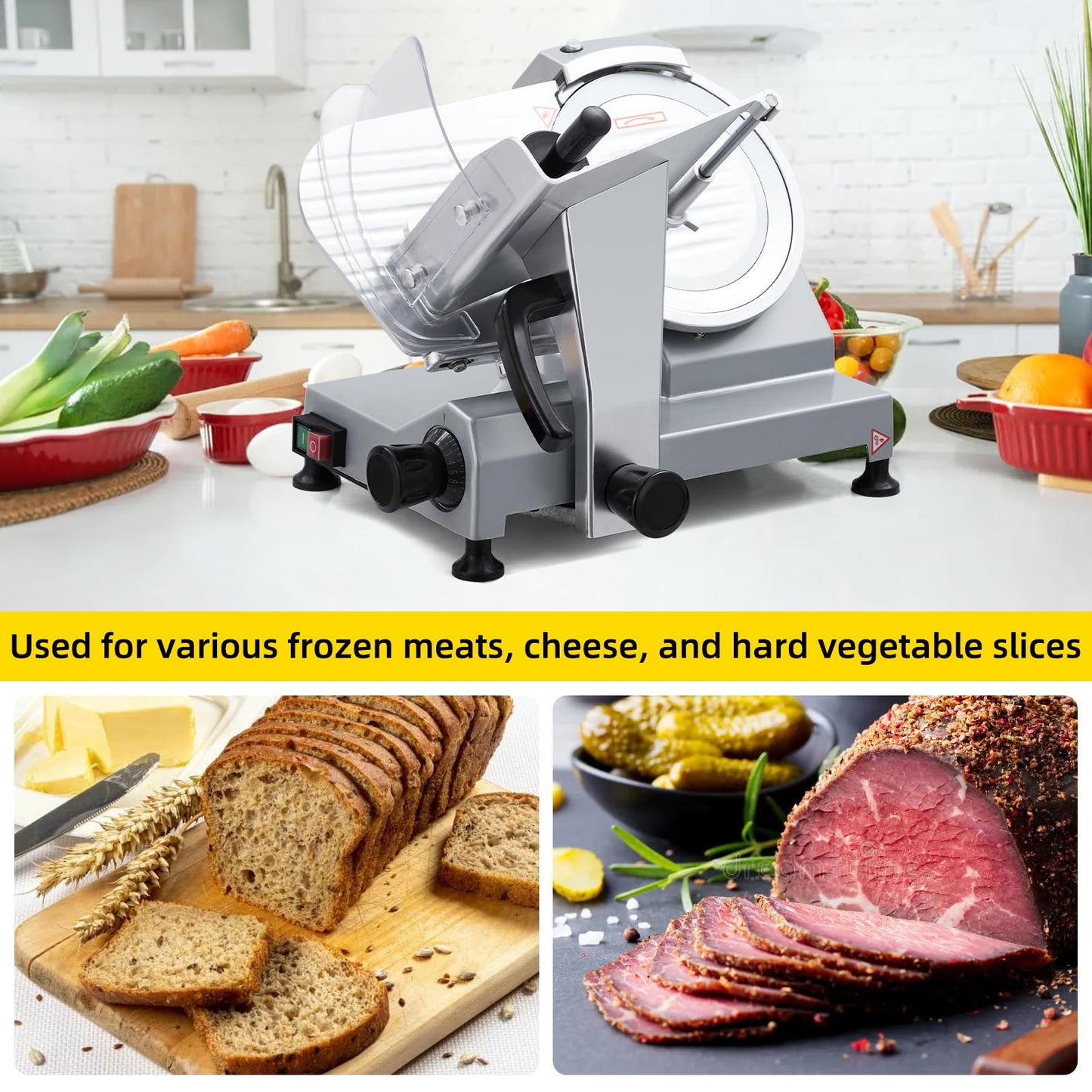 10 Inch Electric Meat Slicer, 670W Dual Power Fully Automatic Food Slicer, Stainless Steel Blade, 0-16mm Adjustable Thickness Electric Meat Cutter, Portable Kitchen Slicer for Home Commercial Use
