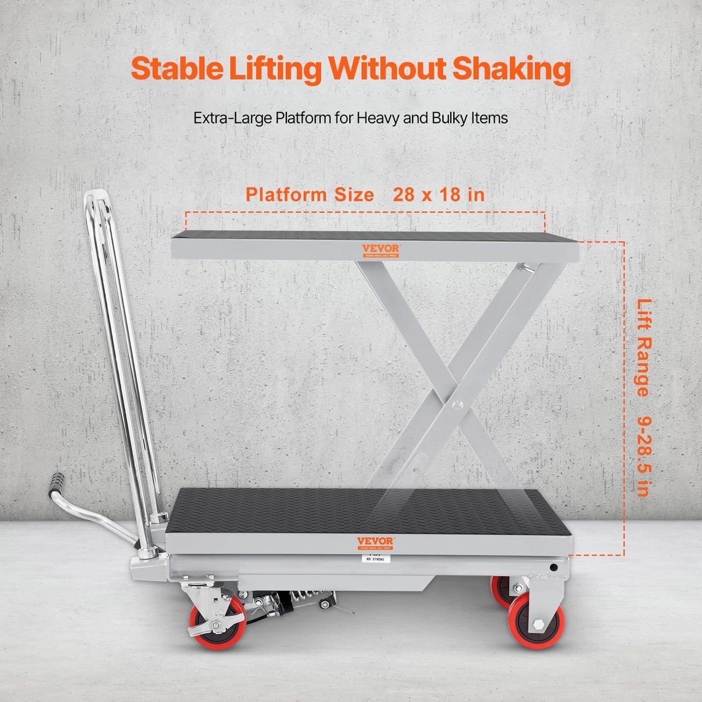 VEVOR Hydraulic Lift Table Cart, 500 lbs Load Capacity, 28.5-Inch Lifting Height, Manual Single Scissor Lift Table with 4 Wheels and Non-Slip Pad, Gray, Alloy Steel