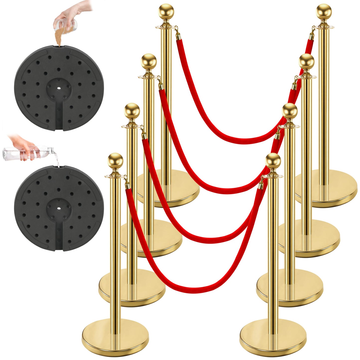 Goldshire 8 PCS Stanchions and Velvet Ropes Set, Stainless Steel Post with 4 Red Velvet Ropes, Crowd Control Barriers, Red Carpet Runner Poles for Party, Wedding, Queue
