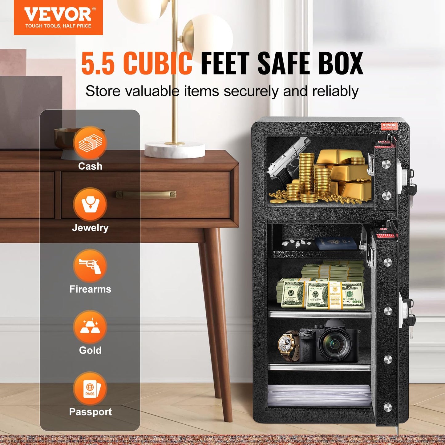 VEVOR Double Doors 5.5 cu.ft Safe Box with Key Lock & Password, Safe Lock Box with Fireproof Bag, Key Rack, LED Light, 2 Height Adjustable and Removable Divider and 1 Cabinet for Money,Documents,Black